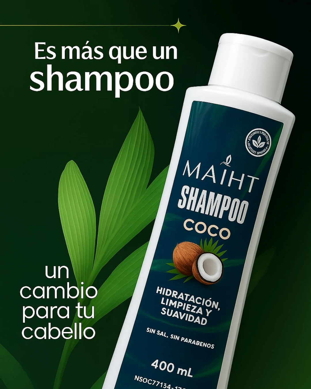 Shampoo de Coco Maiht, hidratación, limpieza y suavidad, 400 ml
